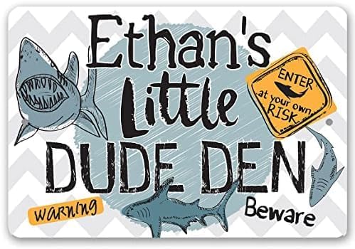Personalized - Little Dude Den Customized Boys Room Decor Shark Warning Signs for Kids Bedroom and Playroom Great Baby Shower Birthday Gifts Indoor or Outdoor Durable Metal Sign 8x12 Inch