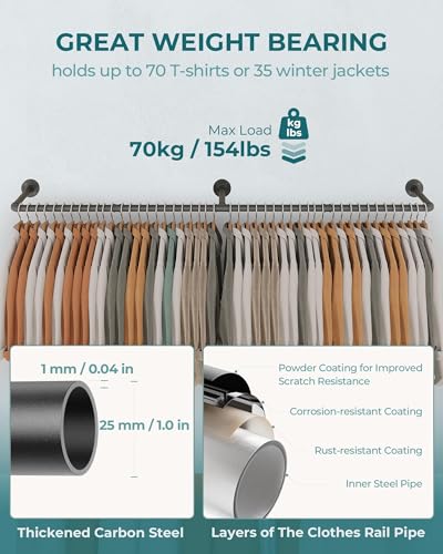 OROPY Clothes Rack, 65.7\" Industrial Pipe Clothing Rack 2 Pack for Clothes, Wall Mounted Heavy Duty Space Saving Garment Rack for Closet Storage, Black, 3 Base
