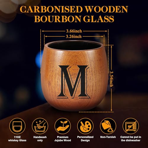 Fathers Day Birthday Gifts for Husband Dad Grandpa, Personalized Gifts for Men, Initial Charred Wooden Bourbon Drinking Glass & Whiskey Glasses Gift, Birthday Gift for Men Dad Husband Brother Him (M)