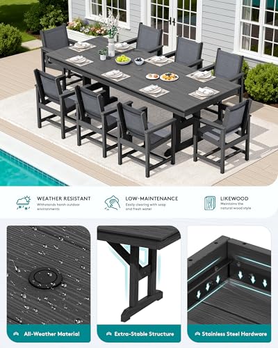 Image of SERWALL 9 Piece 84 inch HDPE Outdoor Dining Set for 8 with Textilene Chairs and Umbrella Hole, Black /Gray