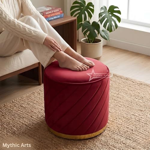Image of Ottoman Stool, Puffy Stool, Sitting Stool, Modern Upholstered Round Ottoman, Dressing Table for Living-Maroon