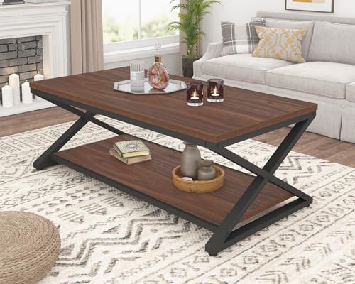 HSH Walnut 2 Tier Storage Coffee Table, Modern Rectangle Center Table for Living Room, Industrial Minimalist Wooden Metal Cocktail Tea Table, Home Office Rustic Simple Display Coffee Table, 39 Inch