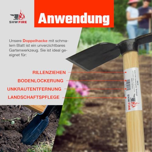 SHW-FIRE | Hochwertig geschmiedete Doppelhacke, breites und schmales Blatt, robuster 135 cm Eschenholzstiel, ideal für Graben, Umpflanzen & Beetpflege | Made in Germany