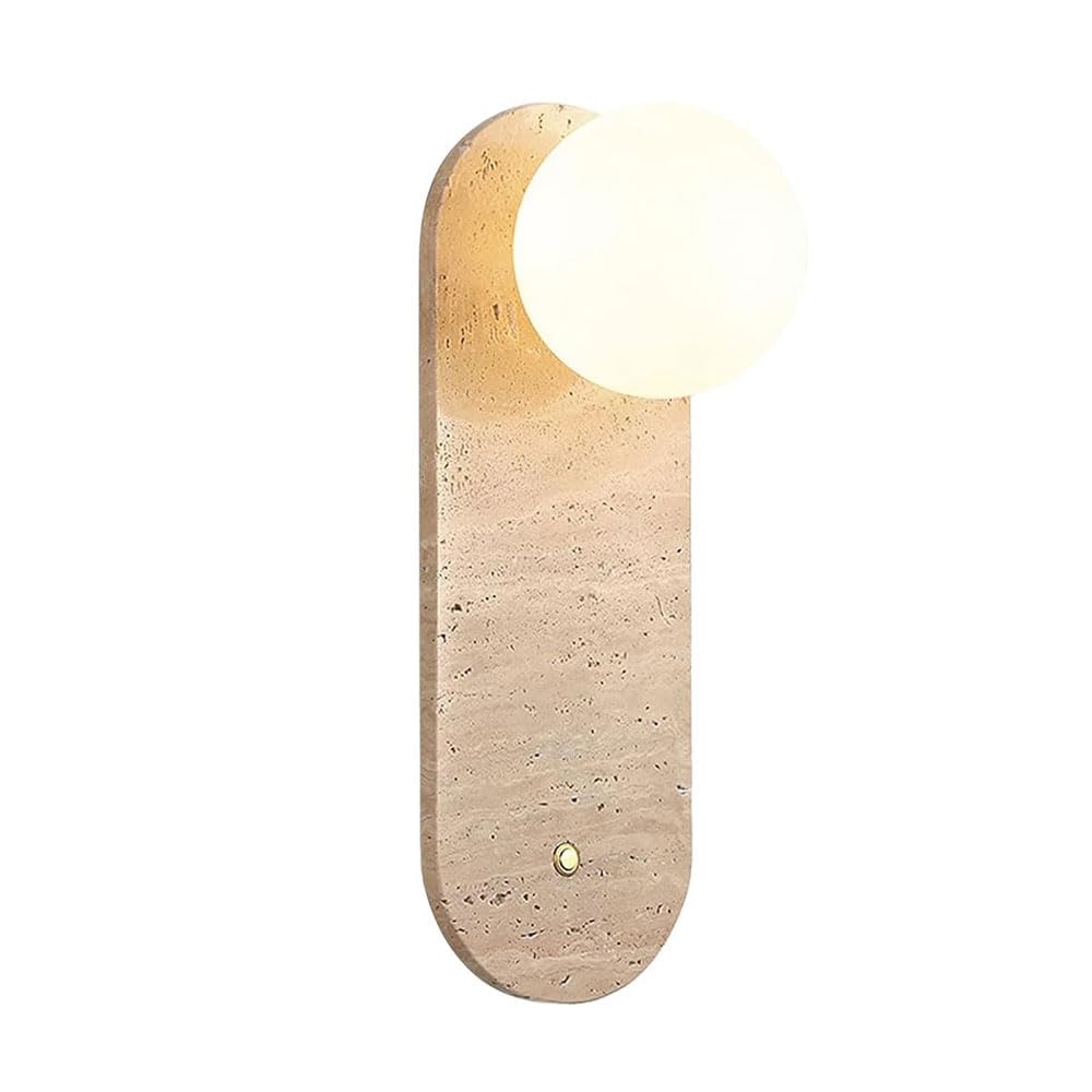 JISHUBO 14.9 Inch Oval Yellow Travertine Wall Sconce, Industrial Natural Stone Wall Light, Spherical Glass Lampshade Wall Lamp, Living Room Bedroom Balcony Decoration Light Fixtures