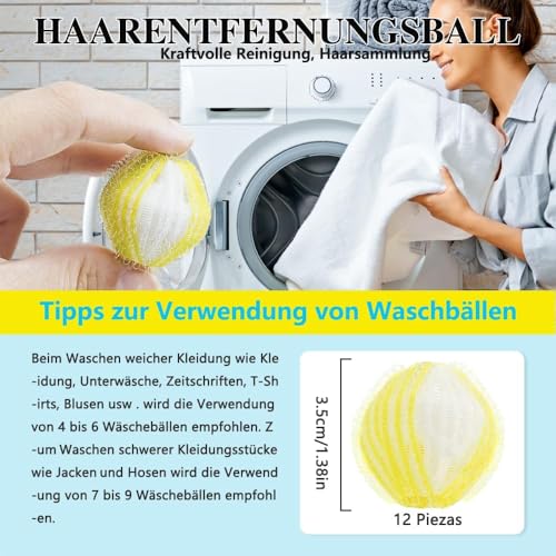 12 Stücke Tierhaarentferner Waschmaschine,Wiederverwendbarer Fusselbälle Waschmaschine,Zur Entfernung von Tierhaaren & Katzenhaaren (Gelb)