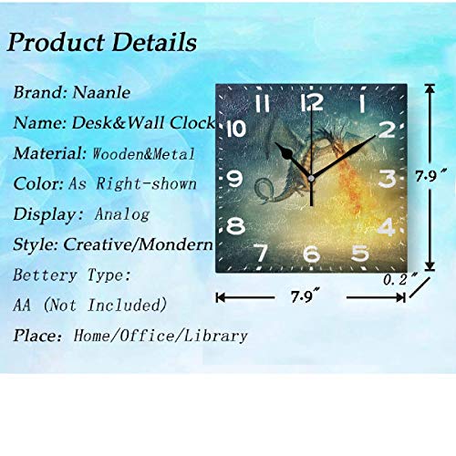 Naanle Magic Flying Angry Fantasy Dragon Spray Fire Print Square Wall Clock Decorative, 8 Inch Battery Operated Quartz Analog Quiet Desk Clock For Home,Office,School #TOP2