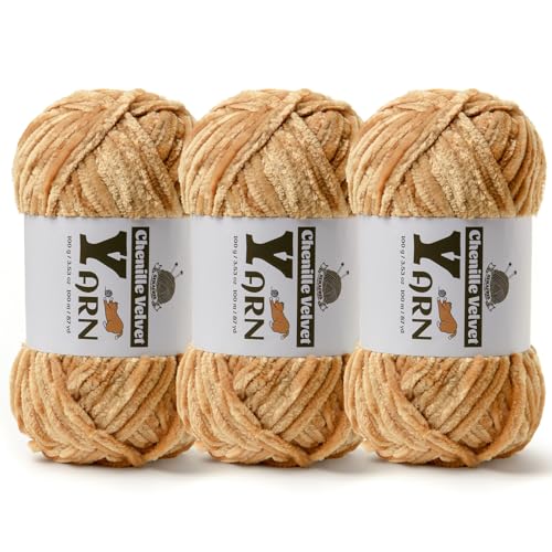 Image of 3 Pack Plush Chenille Chunky Yarn - Fluffy Velvet Yarn Crochet for Blanket Knitting and Crocheting - Soft Baby Yarns for Crocheting - Amigurumi Crochet Yarns 100g (87yds) (3 Khaki)