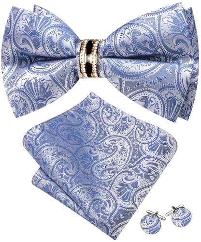Image of YOHOWA Mens Bow Tie Set Paisley Pre-tied Bowties Adjustable with Handkerchief Cufflinks Gold Ring Set Wedding Prom Party