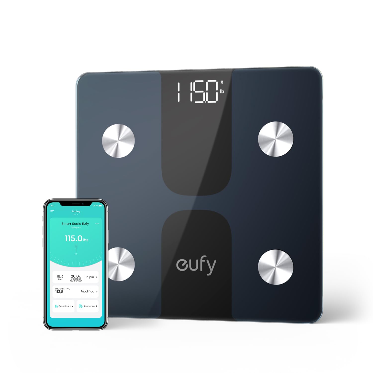 eufy C1 Bilancia Smart con Bluetooth, Grande Display LED, 12 Misurazioni, Analisi delle Composizione del Corpo con Peso/​Grasso Corporeo/​BMI/​Fitness Body, Auto On/​off, Superficie in Vetro Temperato