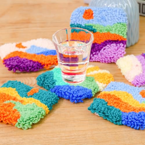 Image of Allazone Punch Needle Kits, Punch Needle Coasters Kit, Punch Embroidery Kit with Felt Yarns Hoop Tools for DIY Coaster Crafts (Sceneries)