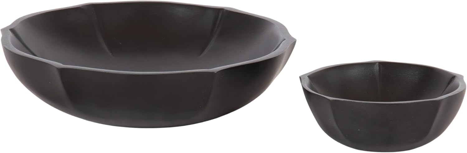 Kate and Laurel Lorah Decorative Carved Round Wooden Bowls; Set of 2; Black; Modern Lotus-Shaped Food-Safe Fruit Bowls for Kitchen Counter or Use as a Key Bowl Set for an Entryway Table