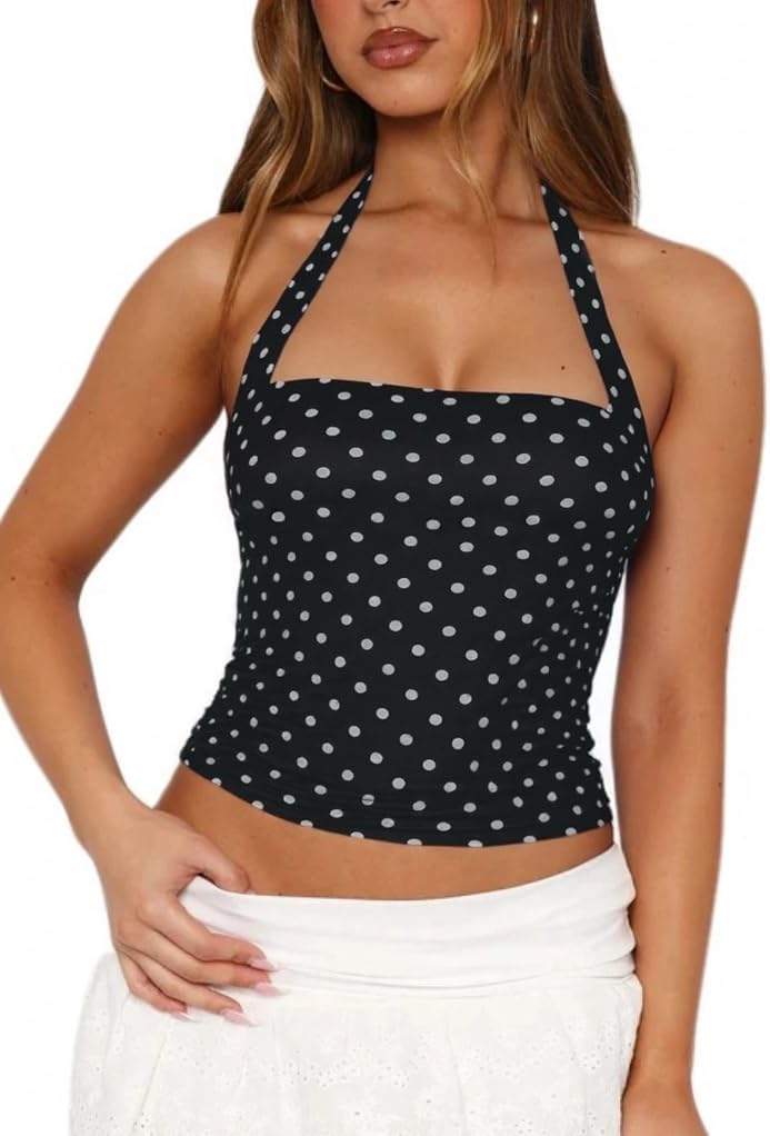 Women's Y2K Mesh Crop Halter Tank Top Sexy Backless Leopard Cheetah Print Cute Going Out Tops for Women Trendy