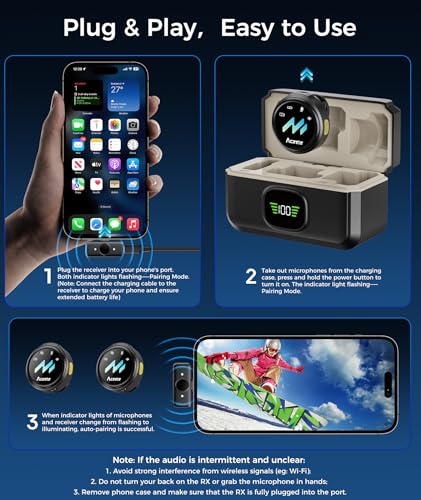 Image of Wireless Lavalier Microphone for iPhone & Android Phones, Noise Reduction & Hi-Fi Audio & 24H Duration & 50M Range, Clips-on Magnetic Lapel Mic for Video Recording /Live Stream /Vlog /Podcast /Interview