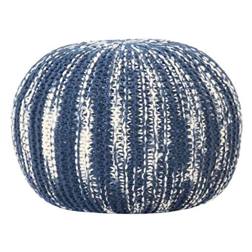 Tidyard Handstickad puff fotpall soffa sittpuff 50 x 35 cm, sittpuff sittpall puff fotbänk sittkub pall av 100 % ull, fyllning: EPS-pärlor, blå och vit