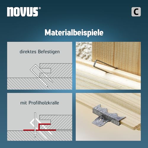NOVUS TOOLS Schmalrückenklammern 12 mm superhart, 1000 Tacker-Klammern vom Typ 4/12, Schiebeschachtel, Heftmittel für Profilhölzer und Paneele