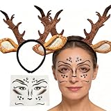 IKSAMY Disfraz de ciervo para mujer, accesorio para el pelo con cuernos de reno, tatuaje facial, cuernos, orejas para carnaval, fiestas temáticas y cosplay