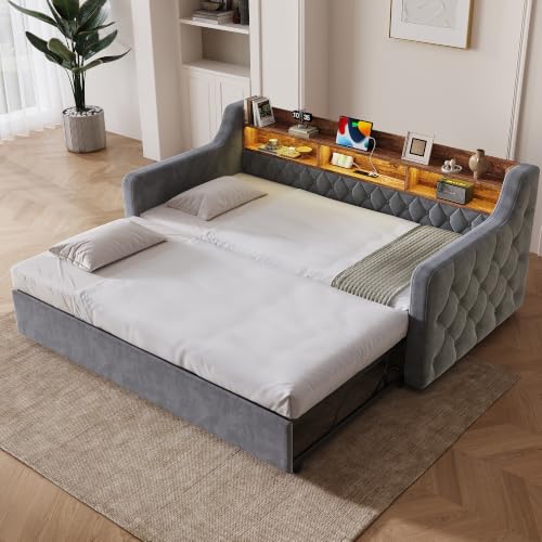 Sofá cama de 90x190 de terciopelo gris oscuro con cabecero de madera estructurado 4