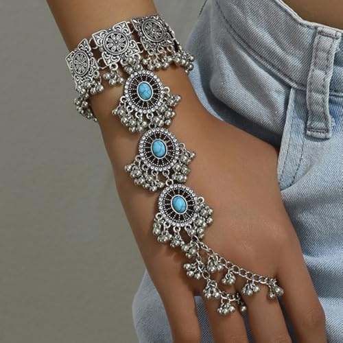 Octwine Women Boho Green Turquoise Hand Chain Finger Ring Bracelet Vintage Ring Bracelet for Prom Party Silver Bracelets for Women Finger Chain Bracelet with Pearls Green Boho Bracelet for Women2