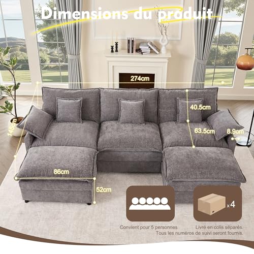 Litbird U-förmiges modulares Sofa 3-Sitzer Ecksofa mit Hocker, tiefes Sitzdesign, Cloud Couch für Wohnzimmer(Grau) – Bild 3