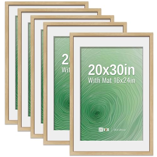 Image of VCK 20x30 Poster Frame 5 Pack, Oak Wood, 16x24 Mat, for Wall Art