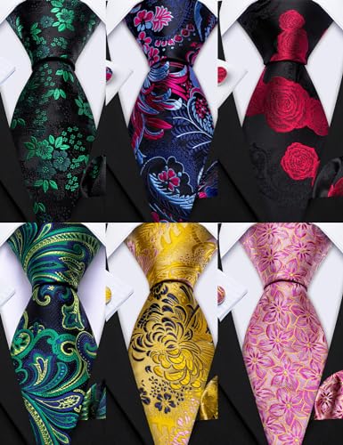 Image of Barry.Wang 6 PCS Men Ties Set Silk Business Fashion Woven Necktie Handkerchief Cufflinks Paisley Stripe Wedding Party