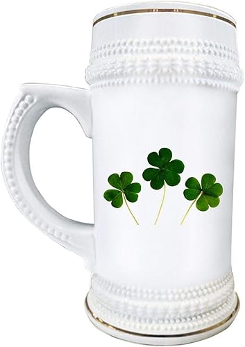 St. Patrick's Day Beer Stein Mug 22oz Ceramic Drinkware - Irish Themed Lucky Shamrock Four Leaf Green Clover Good Luck Happy Saint Patrick St Paddy
