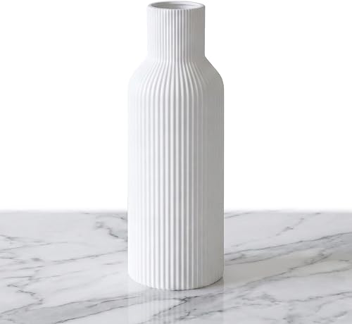 Large White Tall Ceramic Vase,Modern Matte Vertical Ribbed, Nordic Minimalist for Pampas, Dried & Fresh Flowers,Home Decor for Living Room, Coffee Table, Bookshelf, Entryway, Farmhouse