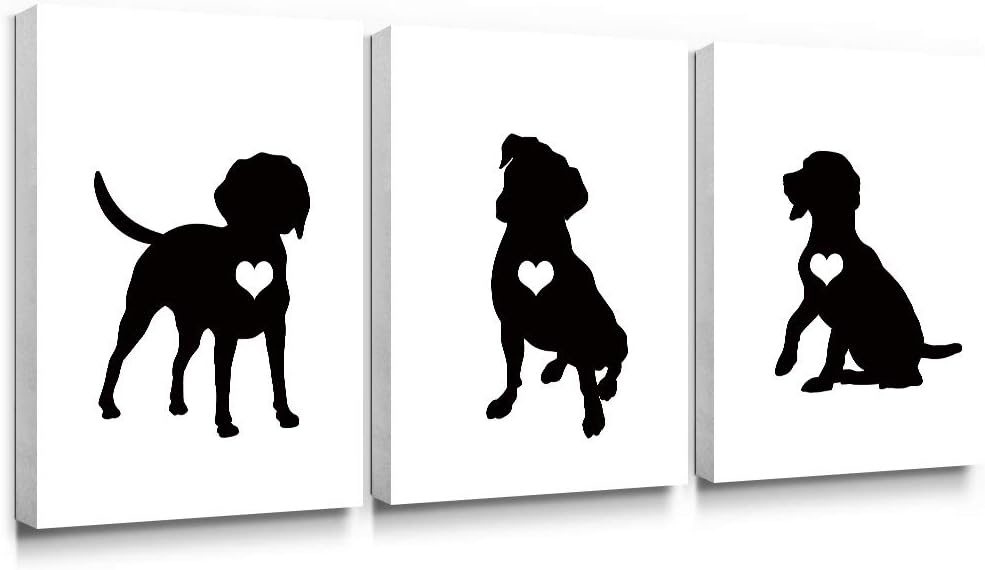 SUMGAR Black and White Wall Art Bedroom 3 Piece Modern Canvas Paintings Animal Prints Dog Silhouette Pictures Bathroom Artwork Set Nursery Puppy Lover Pet Gifts Home Decorations,12x16 inch