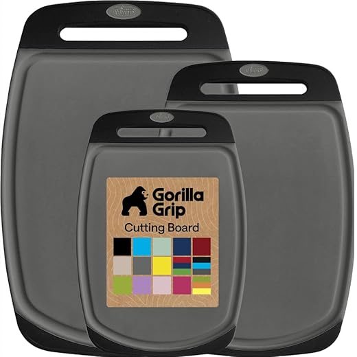 GORILLA GRIP BPA-Free Reversible Kitchen Cutting Board Set of 3, US Designed, Nonporous, Juice Grooves Catch Liquid, Slip Resistant Border, Dishwasher Safe, Durable Food Chopping Boards, Gray Black