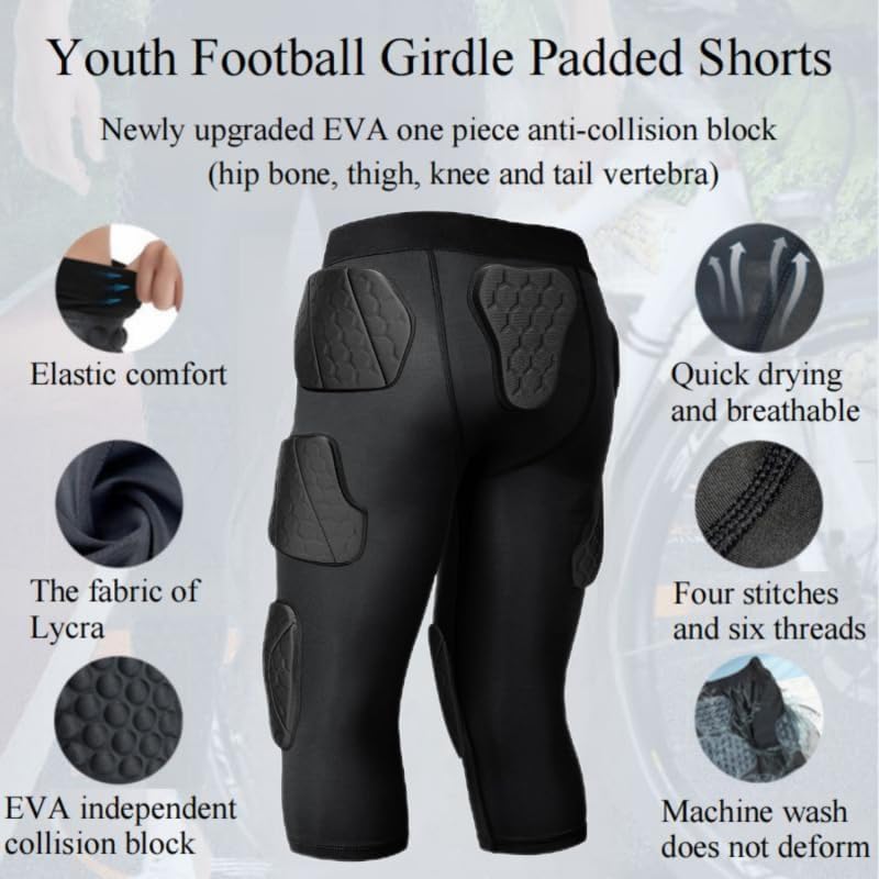 7 Pad Girdle Football Youth Football Girdle Youth Boys with Knee Integrated Hip Tailbone Thigh Pads- Basketball Padded Compression Shorts for Basketball Baseball Rugby Soccer - Image 2