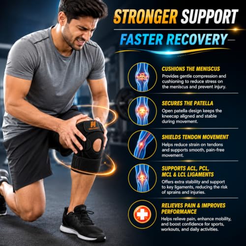 Image of Adjustable Knee Cap Support Brace For Men & Women | Open Patella Stabilizer Knee Compression Sleeve For Pain Relief, Running, Gym, Arthritis & Sports | Black