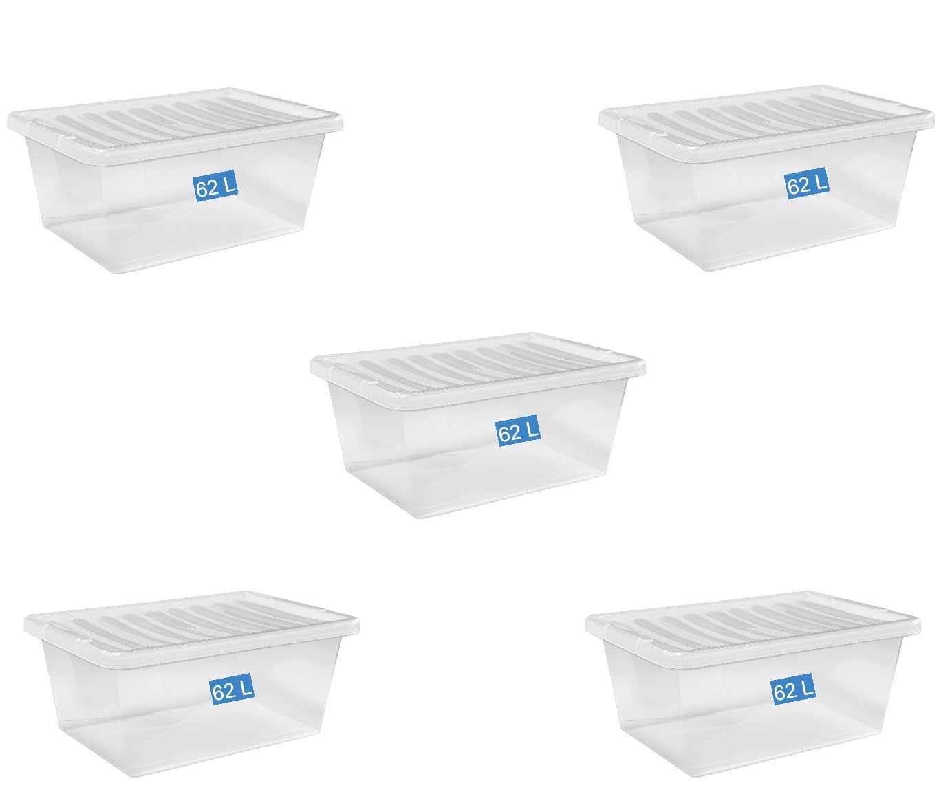 FINE STAR Set of 5 Crystal Clear Plastic Storage Box Boxes With Lids UK BRITISH MADE Home Office Stackable Nestable Shoe Boxes (62 LITRE)