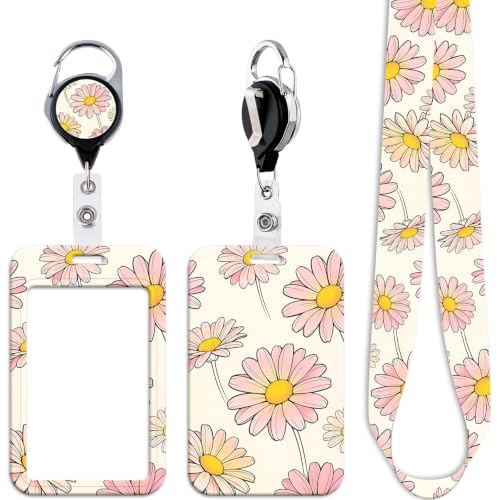 Cute Pink Daisy ID Badge Holder Lanyard for ID Badges Keys Flowers Heavy Duty Keychain Retractable Badge Reel Keychain Lanyard ID Holder for Women Nurses Girls Teachers for Work & School ID, Gift