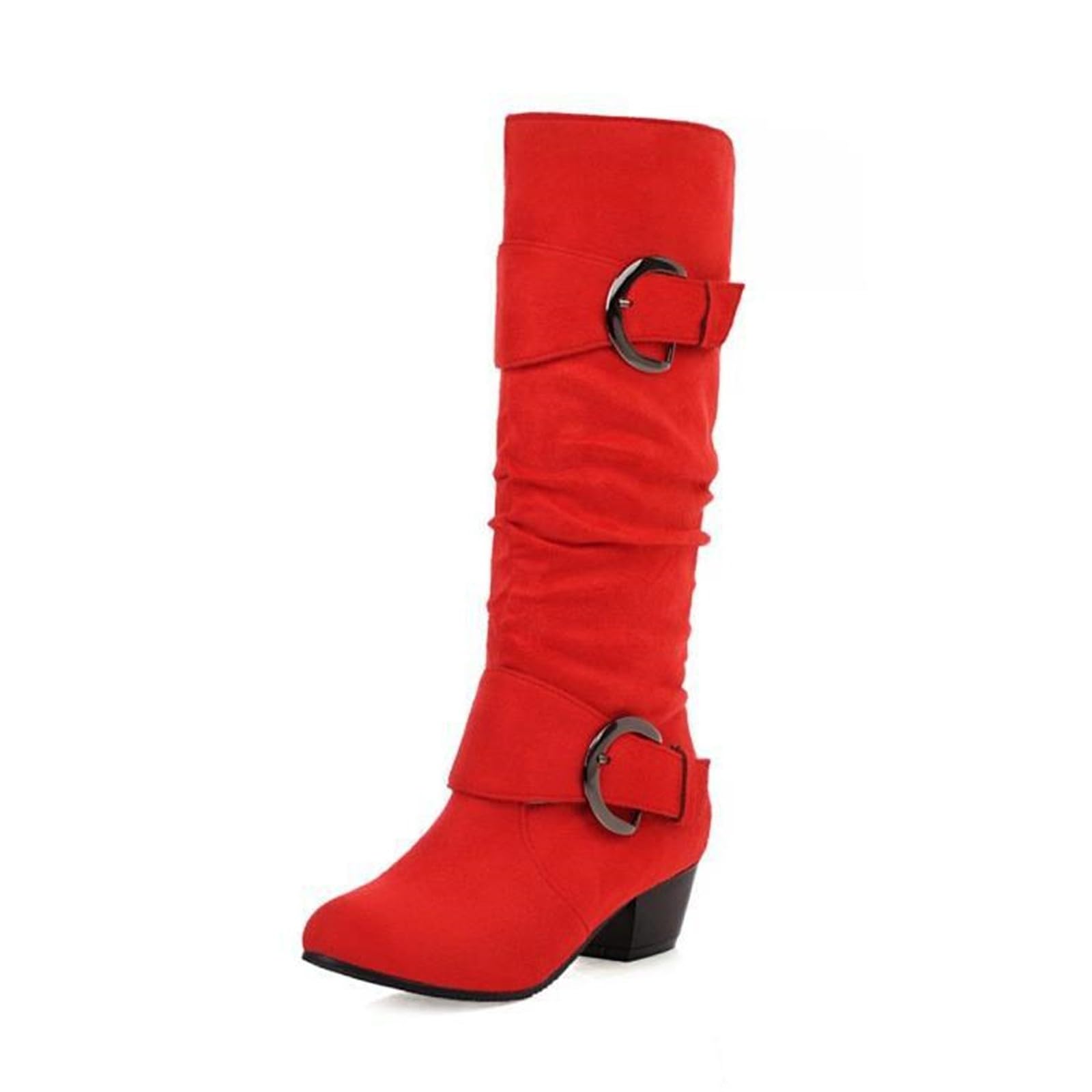 Botas de vaquero para mujer, de ante alto, hasta la rodilla, con tacón de bloque, botas largas con cremallera lateral, botas puntiagudas del oeste con hebilla, rojo, 38 EU