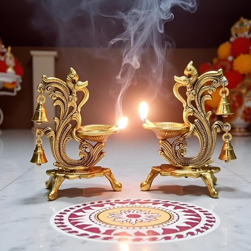 Image of Saudeep India Oxidized Metal Diya for Puja | Diwali Oil Lamp Peacock Design Perfect Gift | Antique Akhand Deepak Home Decor 14x9x20cm (Pack of 2 Diya with Couple Rakhi)