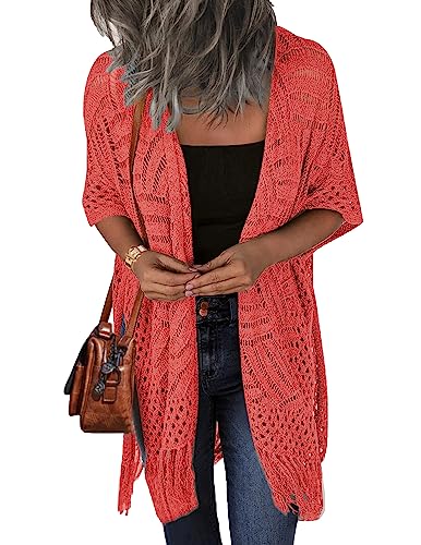 Image of HOTOUCH Womens Knit Cardigan Open Front Outwear Hollow Out Crochet Tassel Lightweight Kimonos Sweater S-XXL