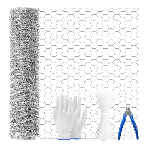 Newthinking Chicken Wire Mesh Roll 40cm x 10m, Galvanized Hexagonal Fencing Wire Mesh Garden Fence Protective Metal Net with Cutting Pliers, Gloves and 100 Cable Ties