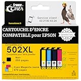 HAUT RENDEMENT – Jusqu’à 550 pages : Cartouche d’encre compatible pour Epson 502 et 502XL offrant un rendement supérieur ( jusqu'à 550 pages pour la cartouche noire et 470 pour chaque cartouche de couleurs : Cyan, Magenta, Jaune, à 5% de couverture papier A4) pour des impressions nettes et durables, idéale pour un usage quotidien ou professionnel. Cartouche compatible pour série Jumelles