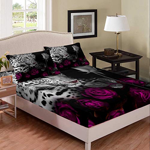 Cheetah Sheet Set King Size Leopard Wild Animal Bed Sheets Set 4 Piece Pink Rose Flower Sheets Deep Pocket African Animal Fitted Sheet + Wild Safari Theme Flat Sheet + 2 Pillow Cases Adult #TOP1