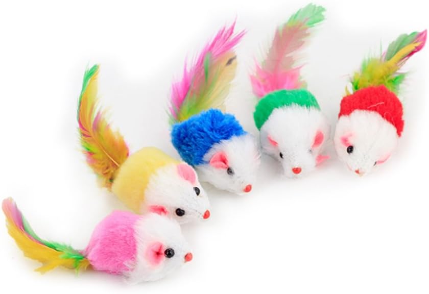PiPiHa 10 PCS Funny Furry Mice Mouse Toys of Feather Tails for Cats Funny Small Pet Toys