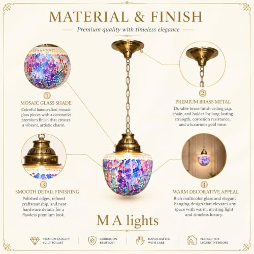 Image of Mosaic Glass Pendant Light with Brass Chain, Multicolour