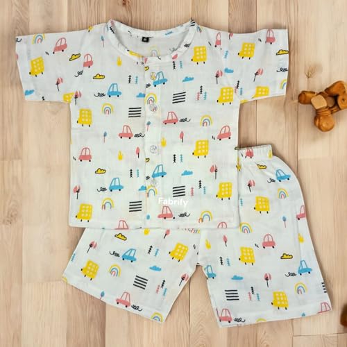 Image of Fabrify Organic Muslin Cotton Baby Top and Bottom Set, Sleepsuit Night Dress, Infant Toddler Clothing