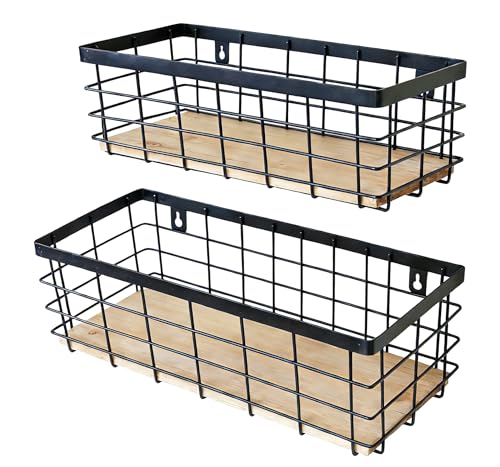ShabbyDecor Metal Wire Basket Detachable Wood Base Storage Organizer Farmhouse Bin for Kitchen Cabinets, Bathroom, Pantry, Laundry Room, Closets Set of 2,Black Color