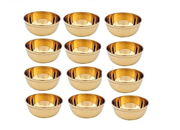 Damurhu Brass Bowl Hand Made Round Puja 100% Pure Brass Katori Vati Bowl Hand Made, Round Shape Size - 4 (5.5 x 3 cm, 3 INCH * 65 ML) Set of - 12 PCS-image-40