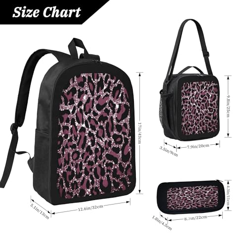 3PCS Backpack for Women Men With Lunch Box Pencil Bag 17 Inch Lightweight Adjustable Strap Back Pack 3 In 1 Set Animal Leopard Pattern Casual Daypack Unisex fit Travel Work Camping3