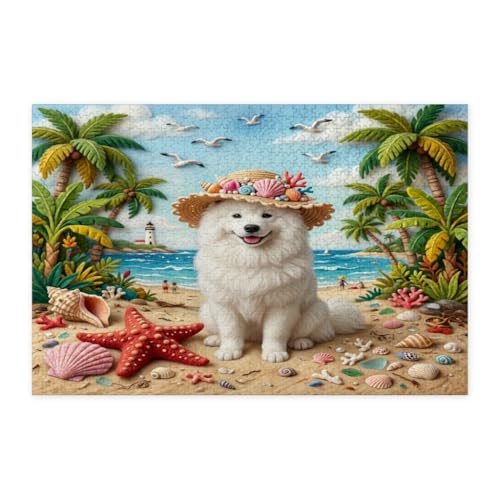 Rompecabezas de 1000 piezas premium de madera con estampado tropical de samoyedos para adultos