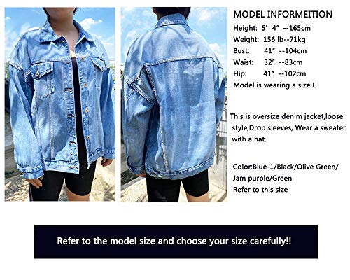 Image of Tsher Women's Oversize Vintage Washed Denim Jacket Long Sleeve Classic Loose Jean Trucker Jacket