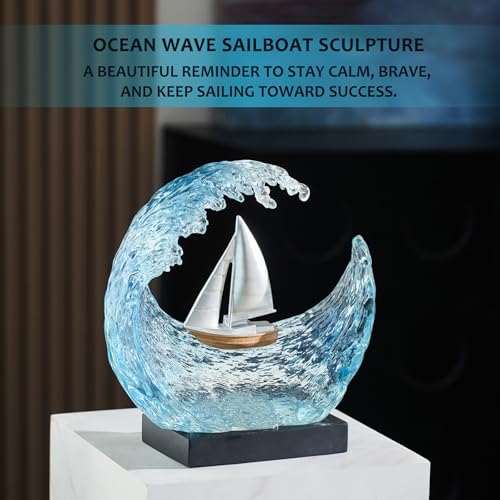 Escultura de Velero en Onda Marina de Resina Azul miniatura 4