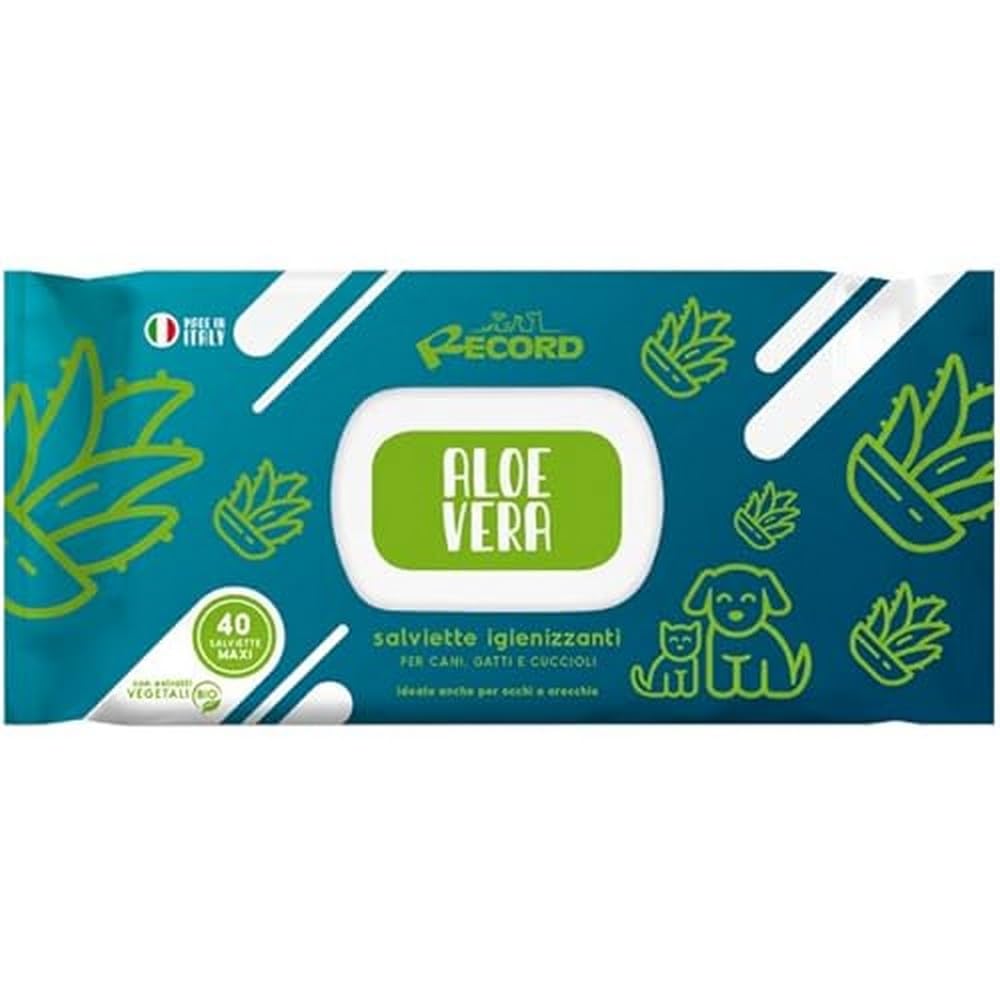 Record salviette igienizzanti umide per Cani e Gatti. Salviette Cane salviette Gatto. Confezione 40 Pezzi. Salviettine per Animali per Pelo, Zampe Muso ed Occhi. Rispettano Cute e PH. Aroma Aloe Vera
