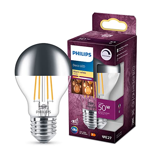 Philips ampoule LED Standard E27 50W Blanc Chaud Calotte Argentée, Compatible Variateur, Verre